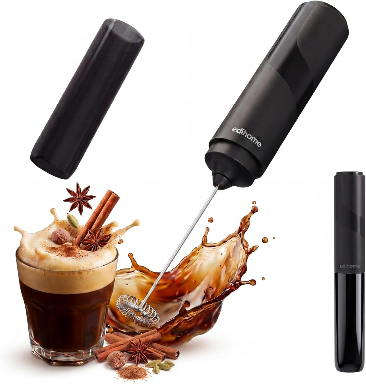 edihome, Montalatte Elettrico per Cappuccino, Frullino Montalatte Portatile, Schiuma Latte Elettrico per Latte e Caffè, Milk Frother Ricaricabile o a Batterie, Veloce e Silenzioso (Batterie, Nero)