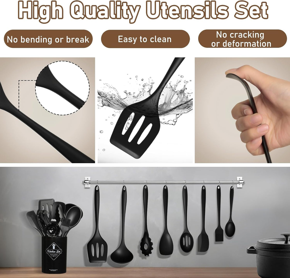 VINATO Set di Utensili da Cucina in Silicone, 12 Pezzi, Utensili Cucina, Senza BPA per Cottura, Adatto Lavastoviglie, Nero