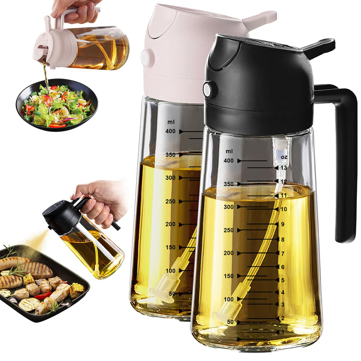 TrendPlain Spruzzino Olio per Friggitrice Aria 470ml, Dosatore Olio 2 in 1, Oliera Spray per Cucina, Insalata e Aceto, Accessori Cucina senza BPA (Nero)