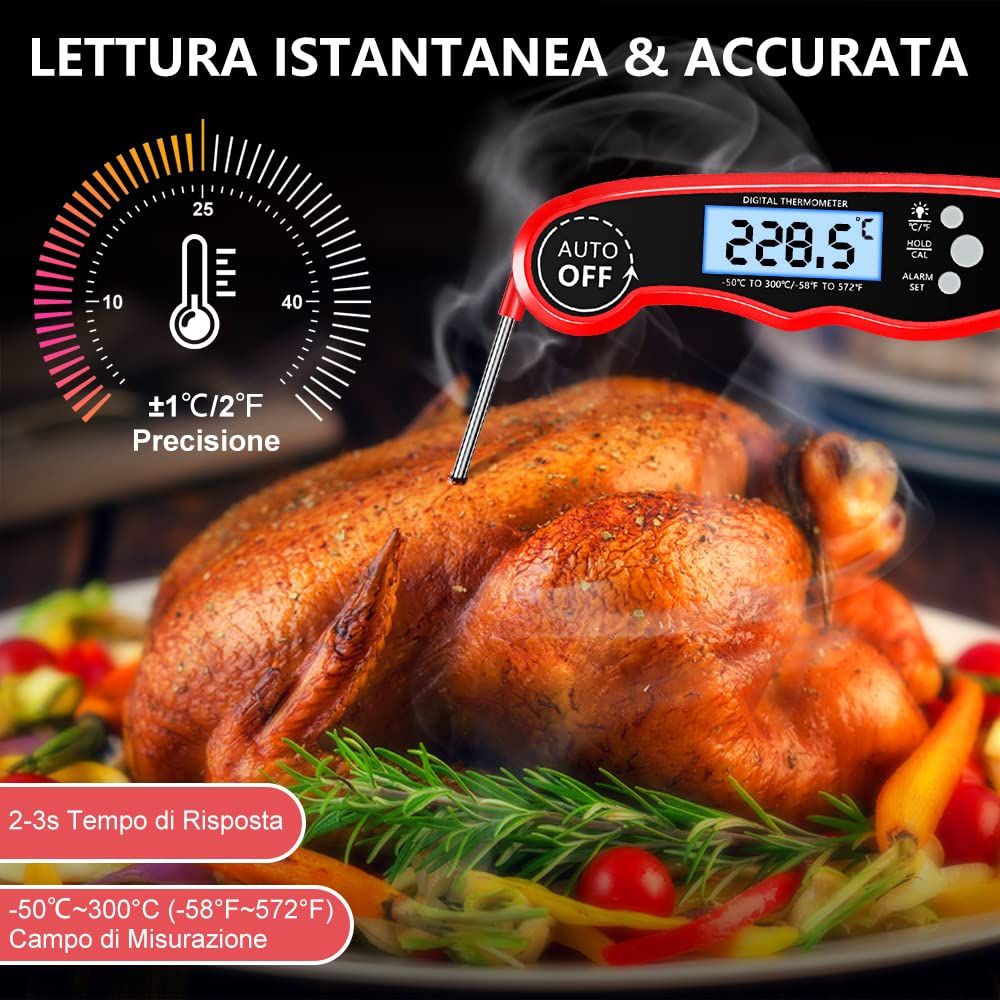 CIRYCASE Termometro Cucina, Termometro Barbecue a Lettura Rapida & Precisa con Sonda Addizionale a Filo da 102cm, Display LCD con Controluce Termometro Forno con Magnete per Forno, BBQ, Carne, ecc