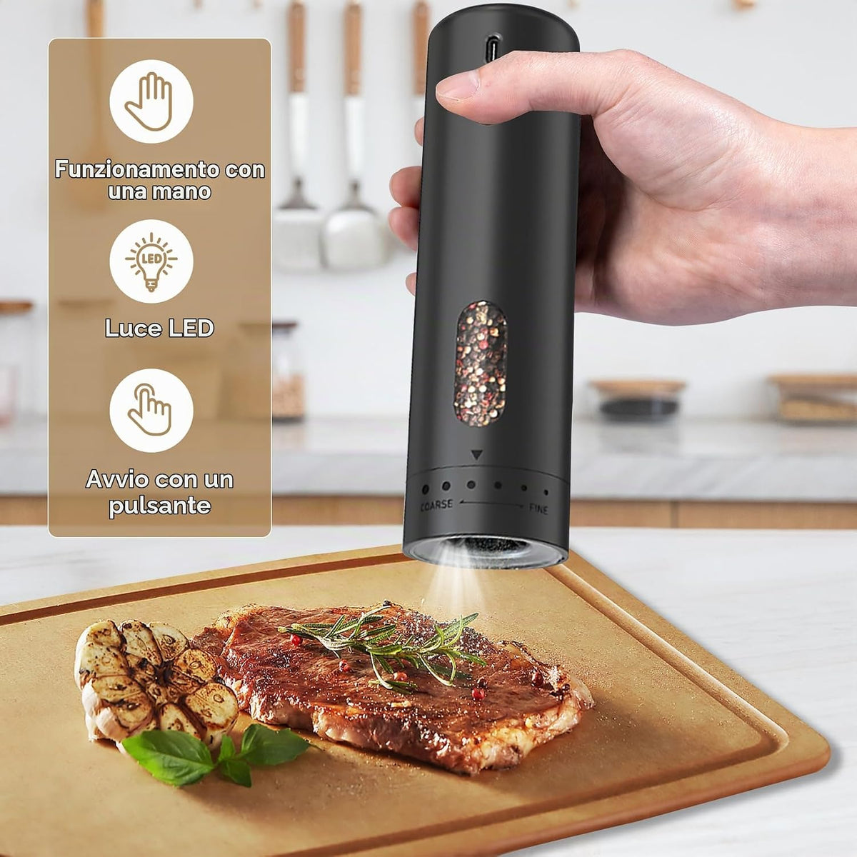 Electric Pepper and Salt Grinder 110ml USB Rechargeable Salt Pepper Mill Spice Grinder with 5 Levels of External Gear Adjustment with Viewing Window