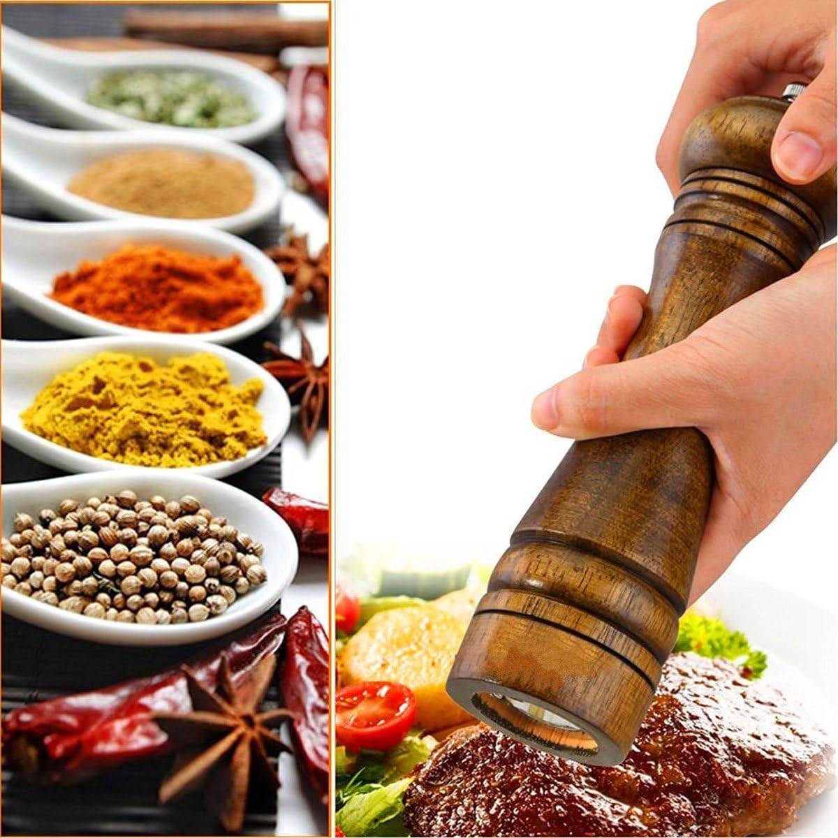Pepper Mill, Salt Mill, Pepper Mill, Solid Wood Pepper Mill with Adjustable Ceramic Grinder Strong 8 Inches