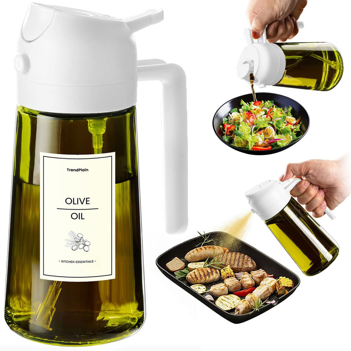 TrendPlain Spruzzino Olio per Friggitrice Aria 470ml, Dosatore Olio 2 in 1, Oliera Spray per Cucina, Insalata e Aceto, Accessori Cucina senza BPA (Nero)