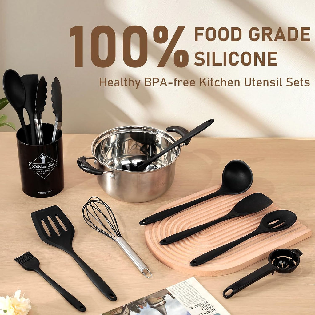 VINATO Set di Utensili da Cucina in Silicone, 12 Pezzi, Utensili Cucina, Senza BPA per Cottura, Adatto Lavastoviglie, Nero
