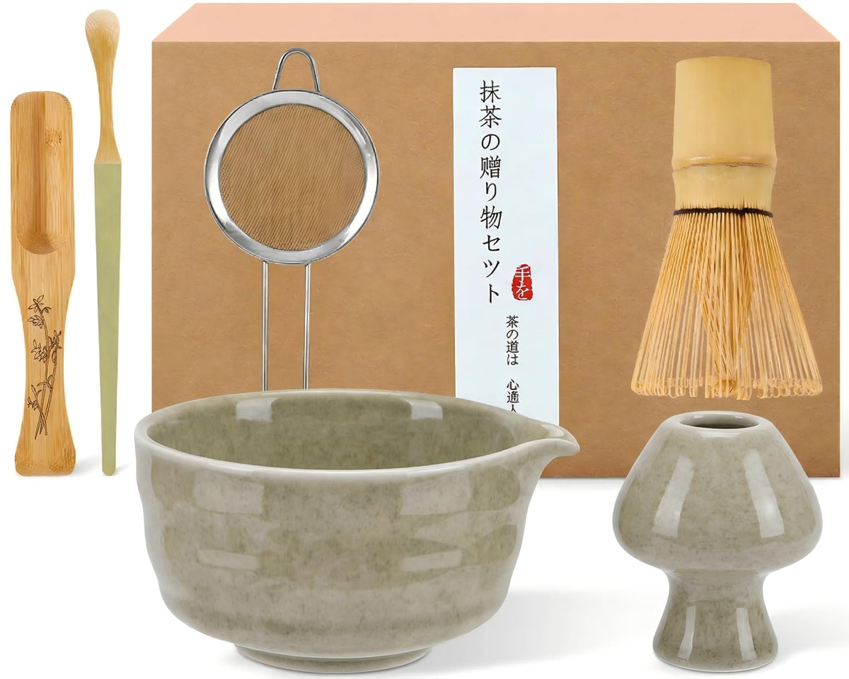 Matcha Kit, Matcha Set of 6 Pieces with Matcha Whisk, Matcha Bowl, Matcha Filter, 2 Spoon and Ceramic Holder, Matcha Set Ideal for Matcha Tea Making (A)