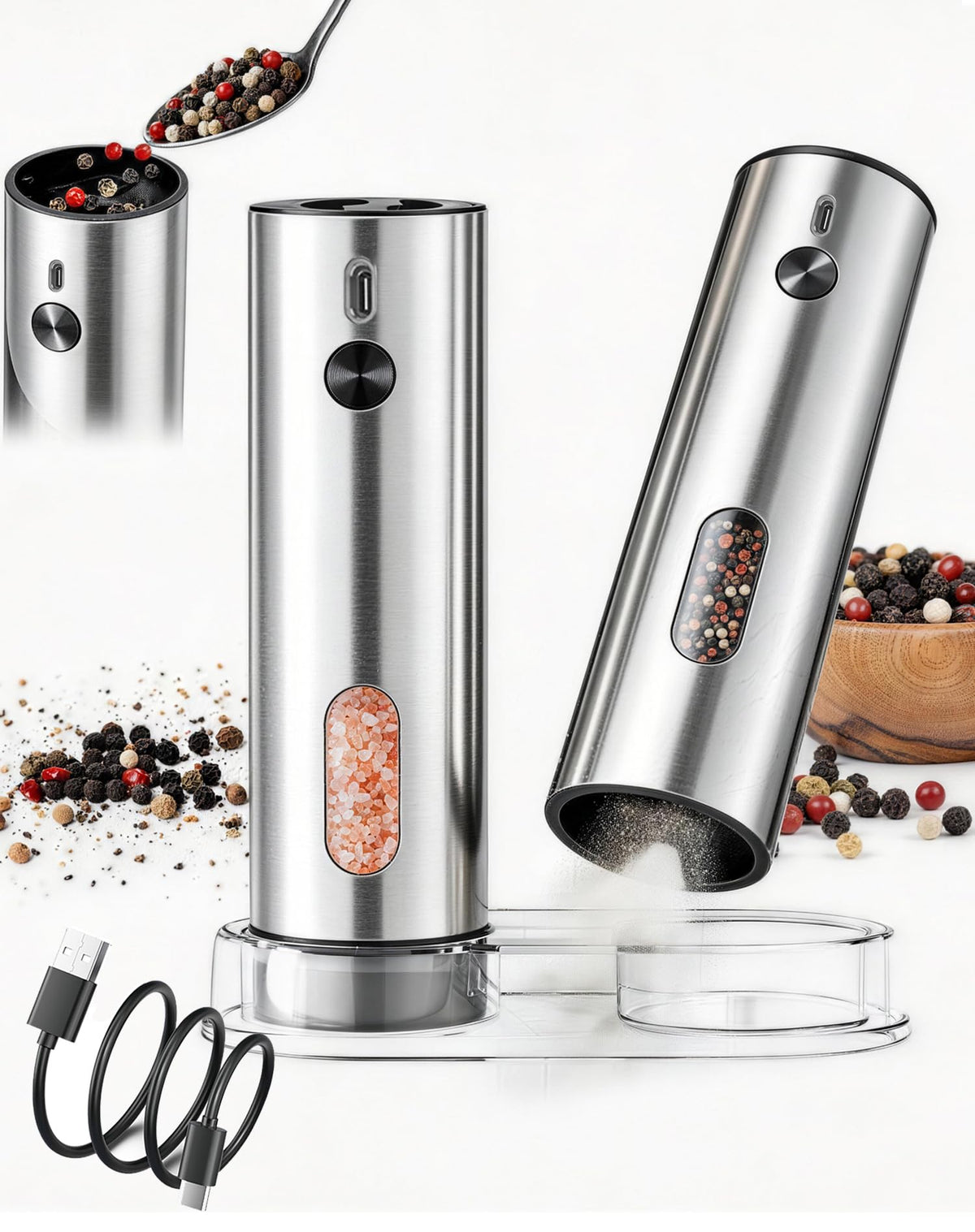 Electric Salt and Pepper Grinder - Top Filling, 5 Levels - Large Capacity 120ml - Set of 2 Battery Operated Pepper Mills - Complete with Base and White LED Light