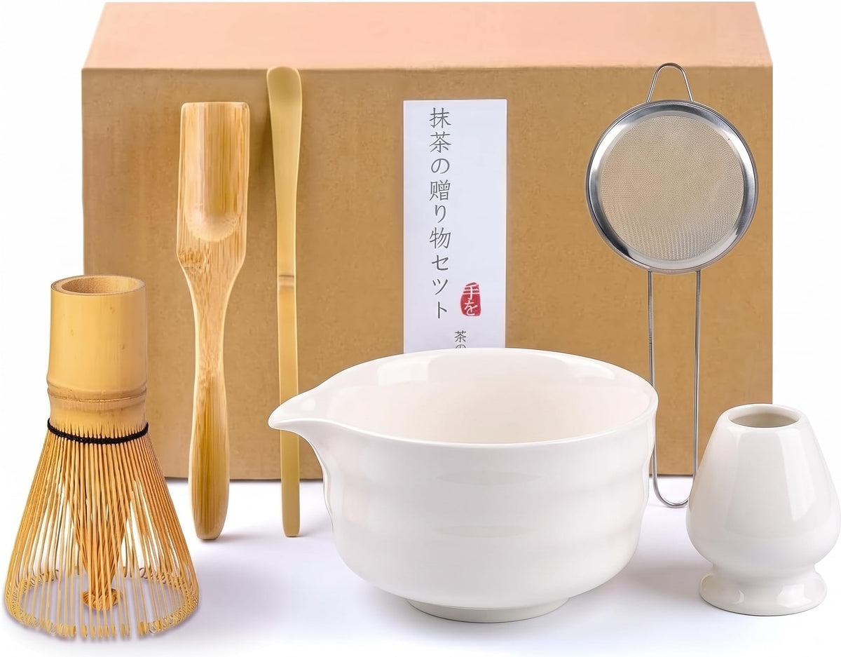 Matcha Kit, Matcha Set of 6 Pieces with Matcha Whisk, Matcha Bowl, Matcha Filter, 2 Spoon and Ceramic Holder, Matcha Set Ideal for Matcha Tea Making (A)