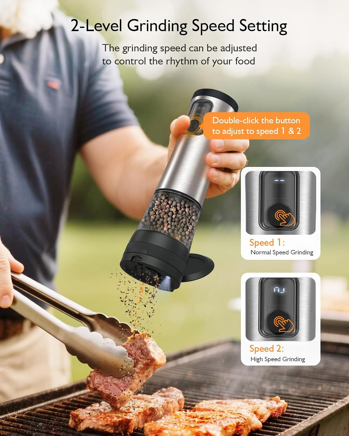 AMOSA Electric Salt and Pepper Mill Set, Battery Display, Rechargeable Base