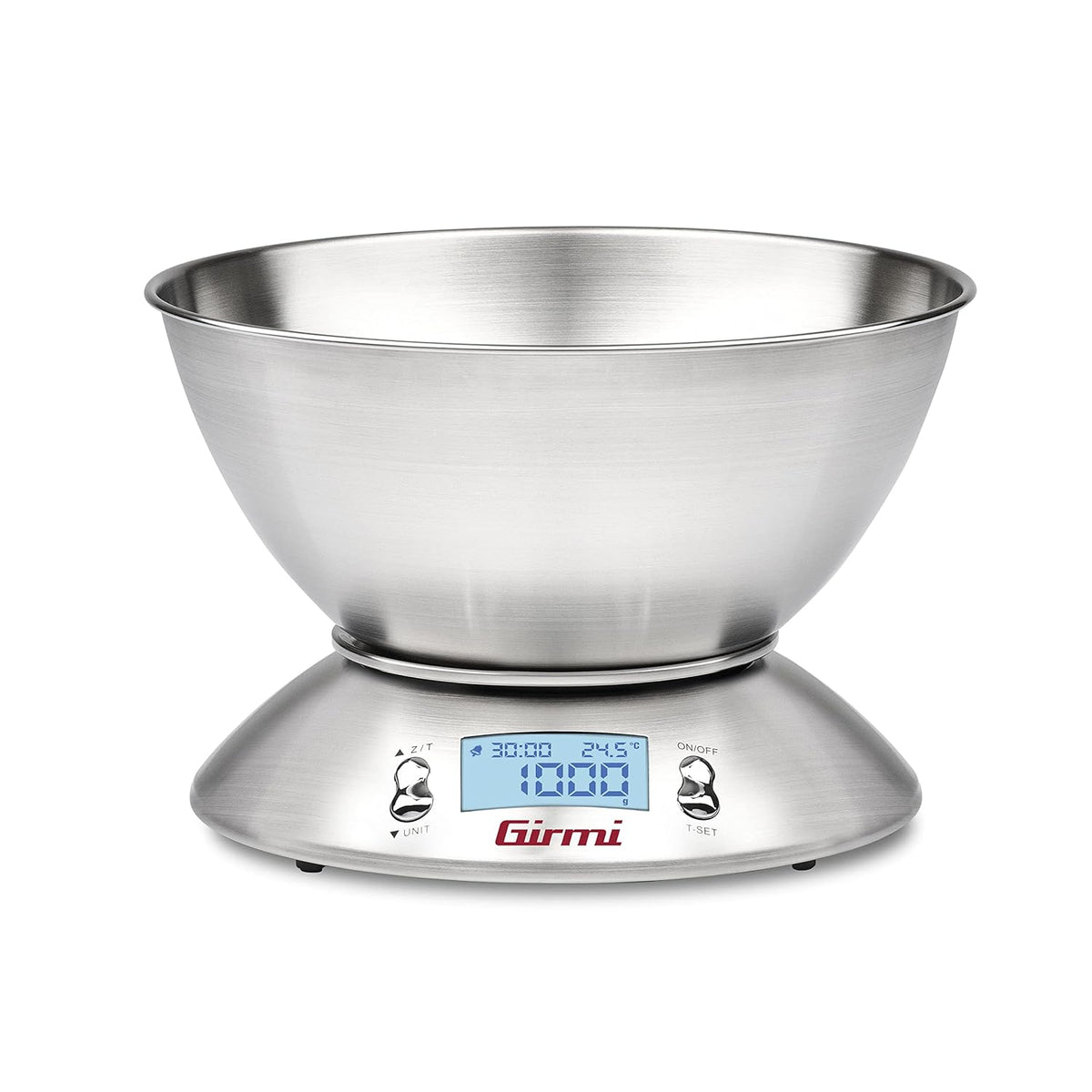 Girmi PS85 Bilancia Elettronica da Cucina,1 g/5 kg, Grande ciotola 2 L, Corpo e Ciotola Inox, Display retroilluminato, Funzione TARA, Timer