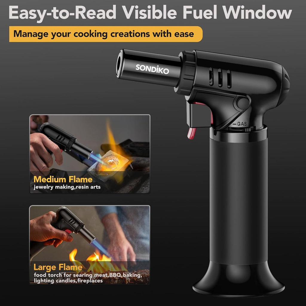 Sondiko Kitchen Torch, Rechargeable Torch with Safety Lock and Adjustable Flame for Crafts, Creme Brulee, Barbecue and Baking, Butane Gas Not Included