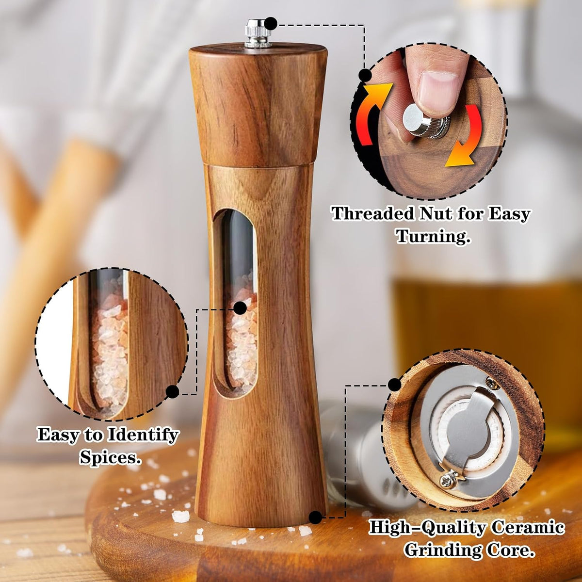 2 Pieces Pepper Mill, Salt and Pepper Mill, Manual Wooden Pepper