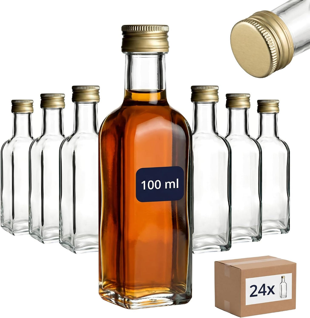 gouveo Set of 24 Square Maraska Glass Bottles (0.10L) with Gold Screw Cap PP 24 for Liqueur Syrup Oil Vinegar Portion and Tasting Bottles (MFET100G)