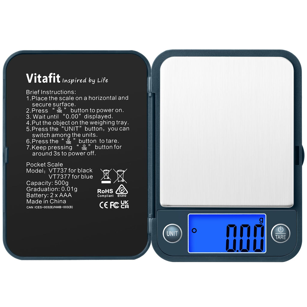 Vitafit 500g Bilancia di Precisione 0.01g, Bilancia Tascabile LCD Blu, Nera