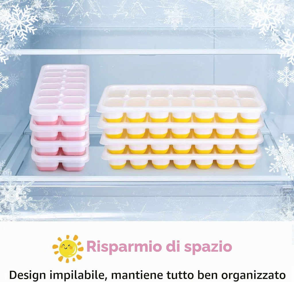 Set of 4 Ice Moulds with Lids, Ice Moulds Silicone 100% BPA Free and LFGB Certified, Stackable Space-Saving Trays Ice Cubes for Cocktail Whiskey