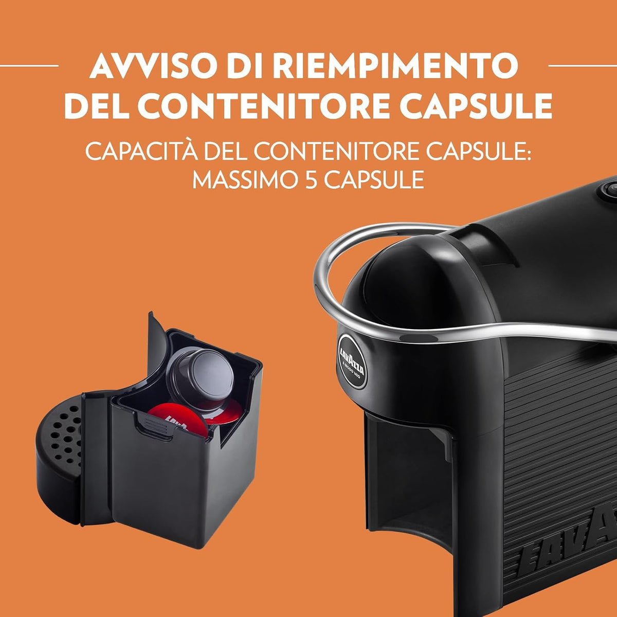 Lavazza A Modo Mio Jolie Evo, Macchina per Caffè Realizzata con 36% di Plastica Riciclata, Macchina Espresso con 64 Capsule Lavazza A Modo Mio Crema e Gusto Classico Incluse, Nera