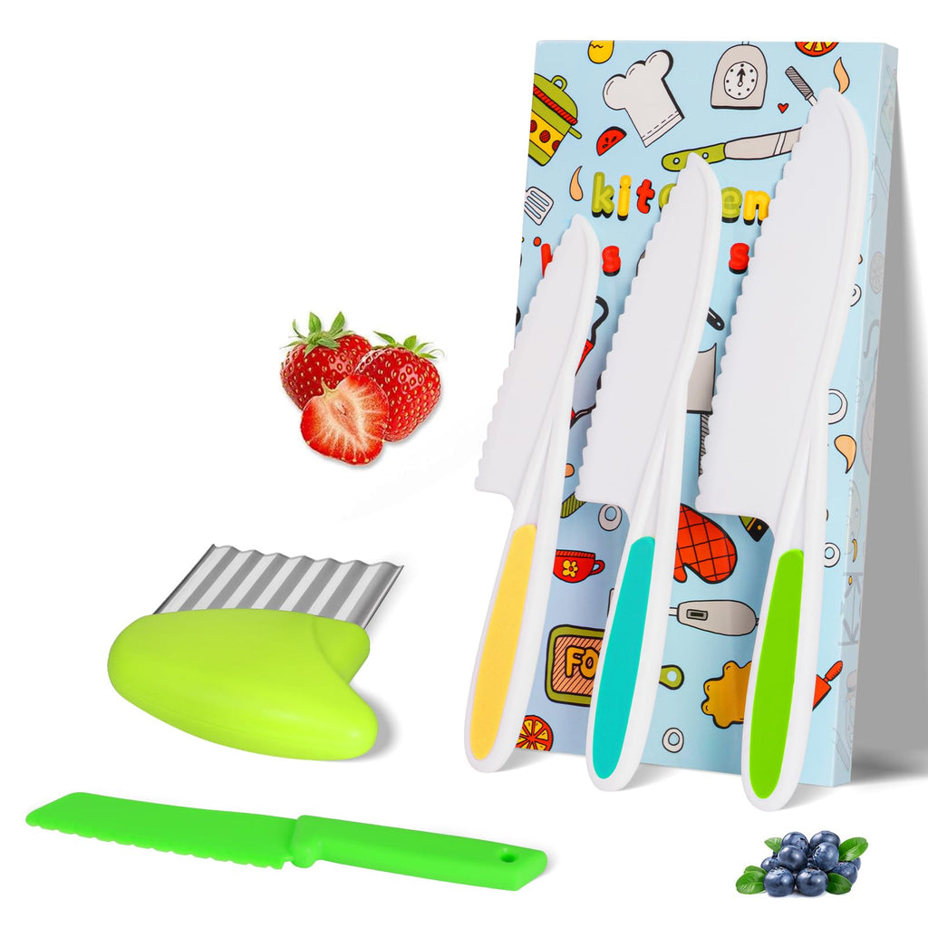 HOTUT 9 Piece Children's Kitchen Knives Set, 4 Pieces Fruit Knife for Children and Wooden Knife, Chopping Board and 2 Pieces Peeler, Potato Knives for Cutting Fruit or Vegetable