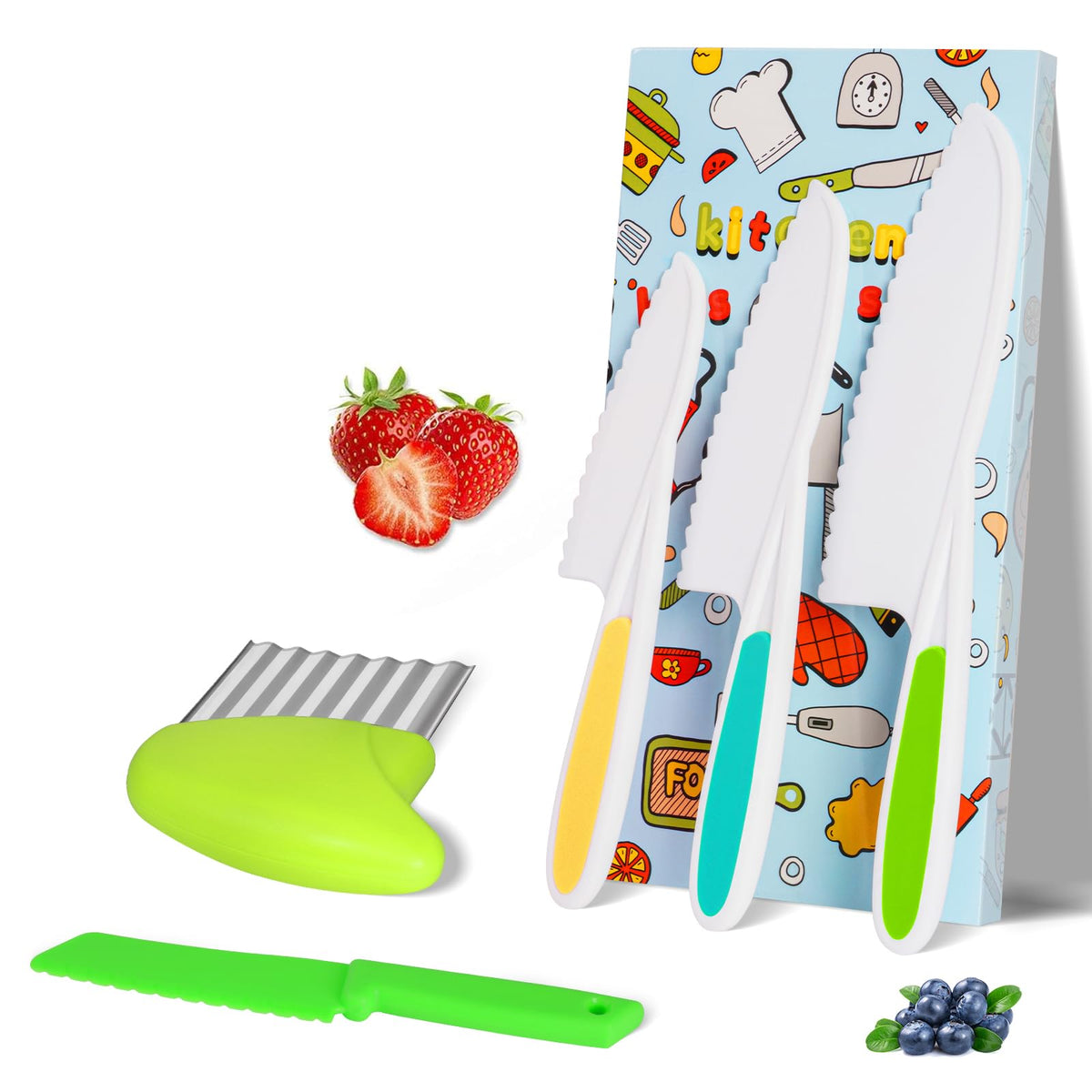 HOTUT 9 Piece Children's Kitchen Knives Set, 4 Pieces Fruit Knife for Children and Wooden Knife, Chopping Board and 2 Pieces Peeler, Potato Knives for Cutting Fruit or Vegetable
