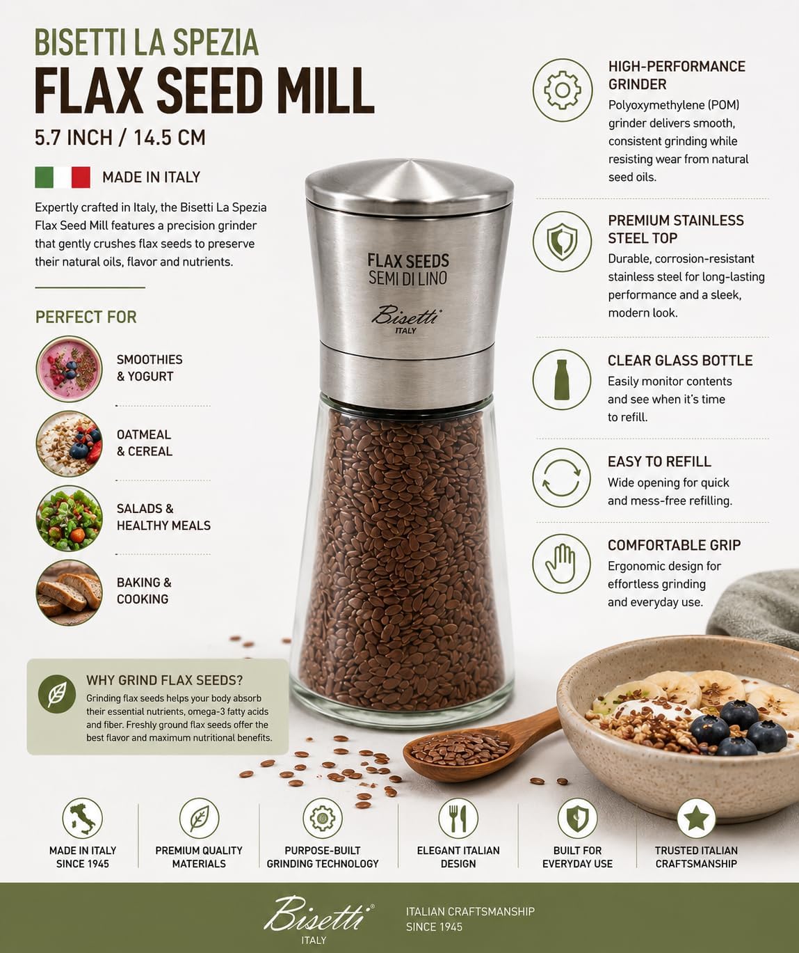 Bisetti Falx Seeds - Special Seeds with Stainless Steel Cap, Made in Italy, Glass and Metal, Silver/Clear, Height 14.5 cm