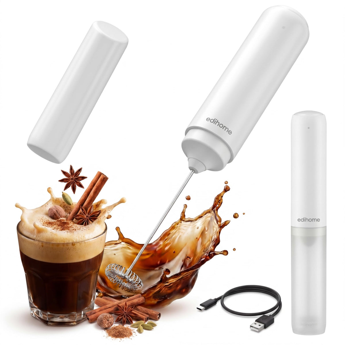 edihome, Montalatte Elettrico per Cappuccino, Frullino Montalatte Portatile, Schiuma Latte Elettrico per Latte e Caffè, Milk Frother Ricaricabile o a Batterie, Veloce e Silenzioso (Batterie, Nero)