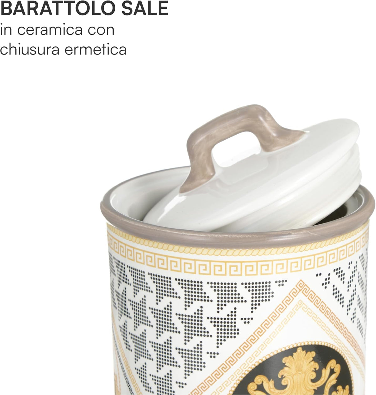 Baroni Home Ceramic Salt Jar Decorated with Airtight Lid, Colourful Durable Kitchen Accessory, Domus Line, 11 x 11 x 17 cm