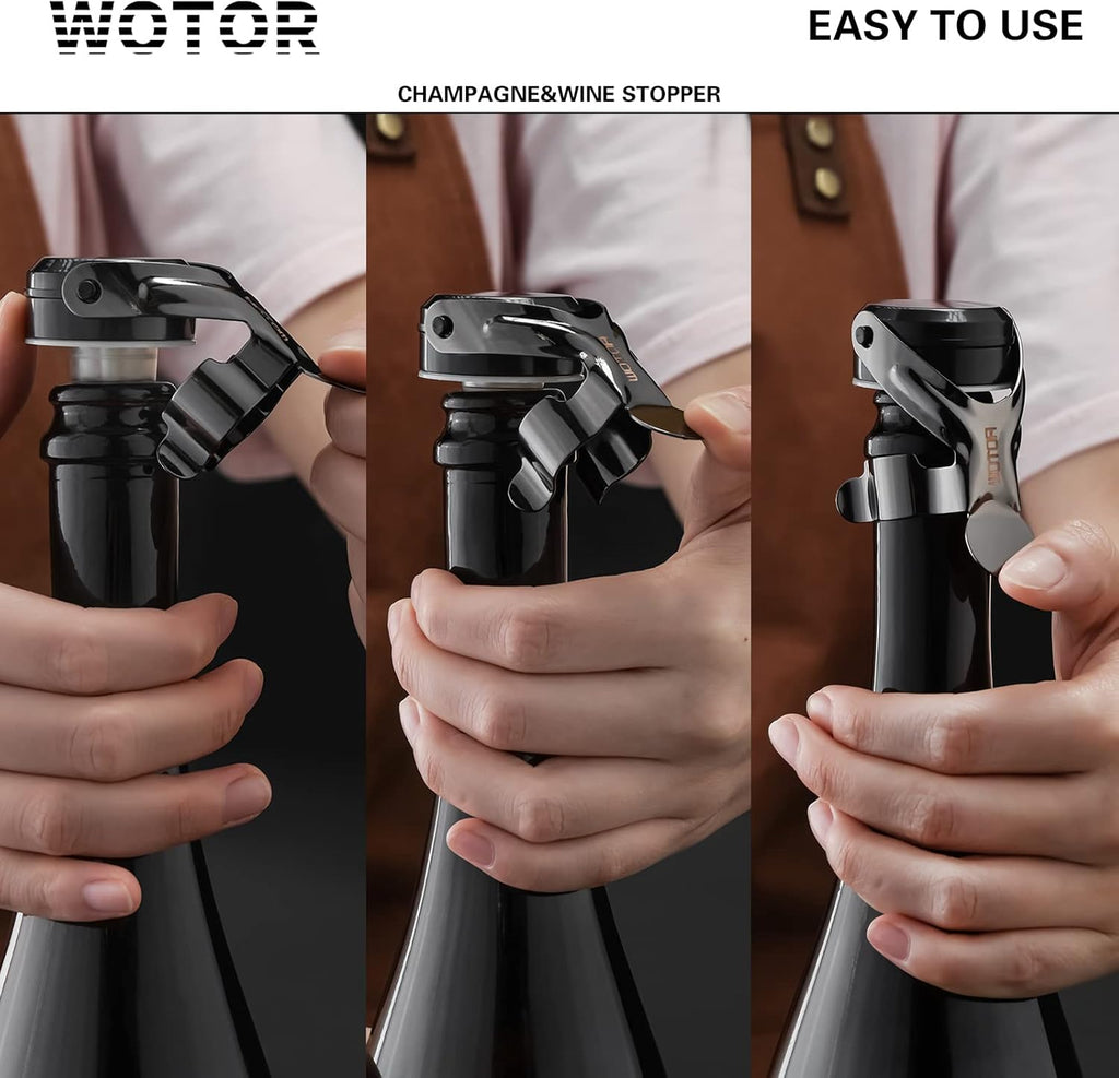 WOTOR Sparkling Wine Stopper, Wine Bottle Stoppers, Leak Proof, Keep Fresh, Reusable Wine Accessories, Suitable for Red Wine, Champagne, Prosecco, Sparkling Wine (Black, 2 Pack)