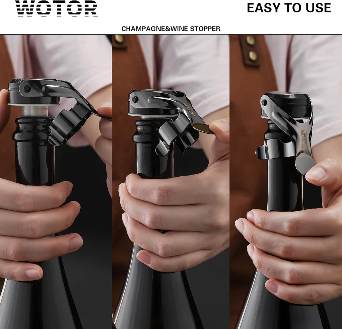 WOTOR Sparkling Wine Stopper, Wine Bottle Stoppers, Leak Proof, Keep Fresh, Reusable Wine Accessories, Suitable for Red Wine, Champagne, Prosecco, Sparkling Wine (Black, 2 Pack)