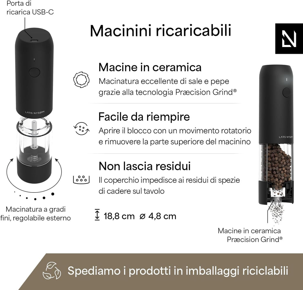 LARS NYSØM Electric Salt and Pepper Mill Set – Automatic USB Rechargeable