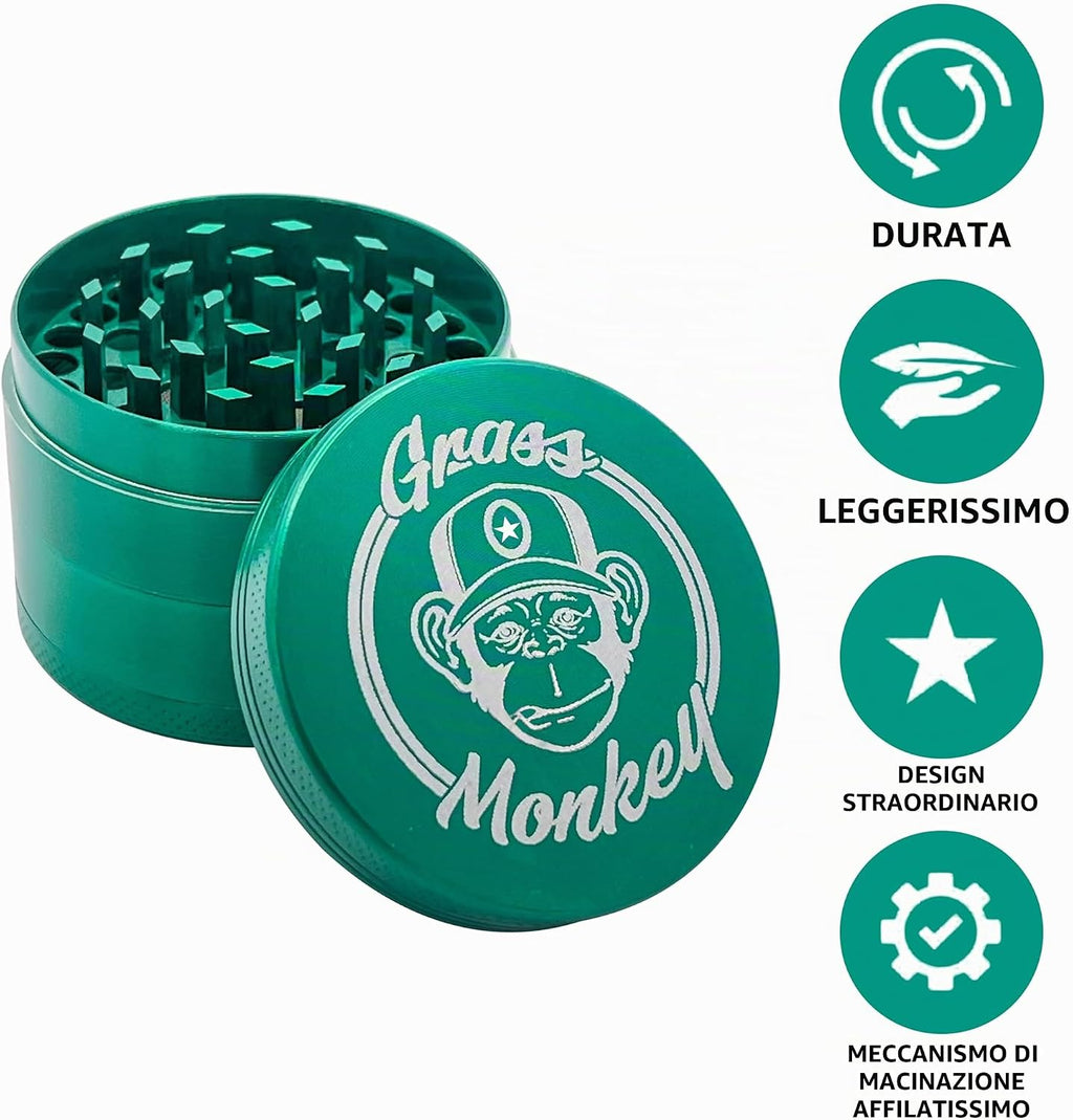 Basic Metal Grinder - 4 Pieces, Diameter 5.5 cm, Green, Robust Herb Grinder with Pollen Strainer and Shovel, Compact and Durable