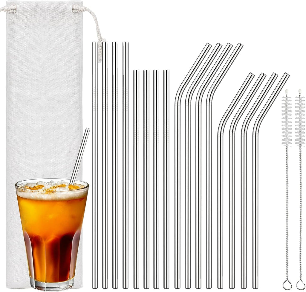 Euqvunn Set of 16 Reusable Straws - 8 Straight and 8 Curves (Long and Short), Stainless Steel Straws with 2 Cleaning Brushes and Bag, Dishwasher Safe
