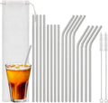Euqvunn Set of 16 Reusable Straws - 8 Straight and 8 Curves (Long and Short), Stainless Steel Straws with 2 Cleaning Brushes and Bag, Dishwasher Safe