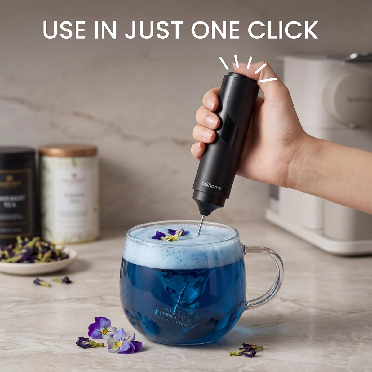 edihome, Montalatte Elettrico per Cappuccino, Frullino Montalatte Portatile, Schiuma Latte Elettrico per Latte e Caffè, Milk Frother Ricaricabile o a Batterie, Veloce e Silenzioso (Batterie, Nero)