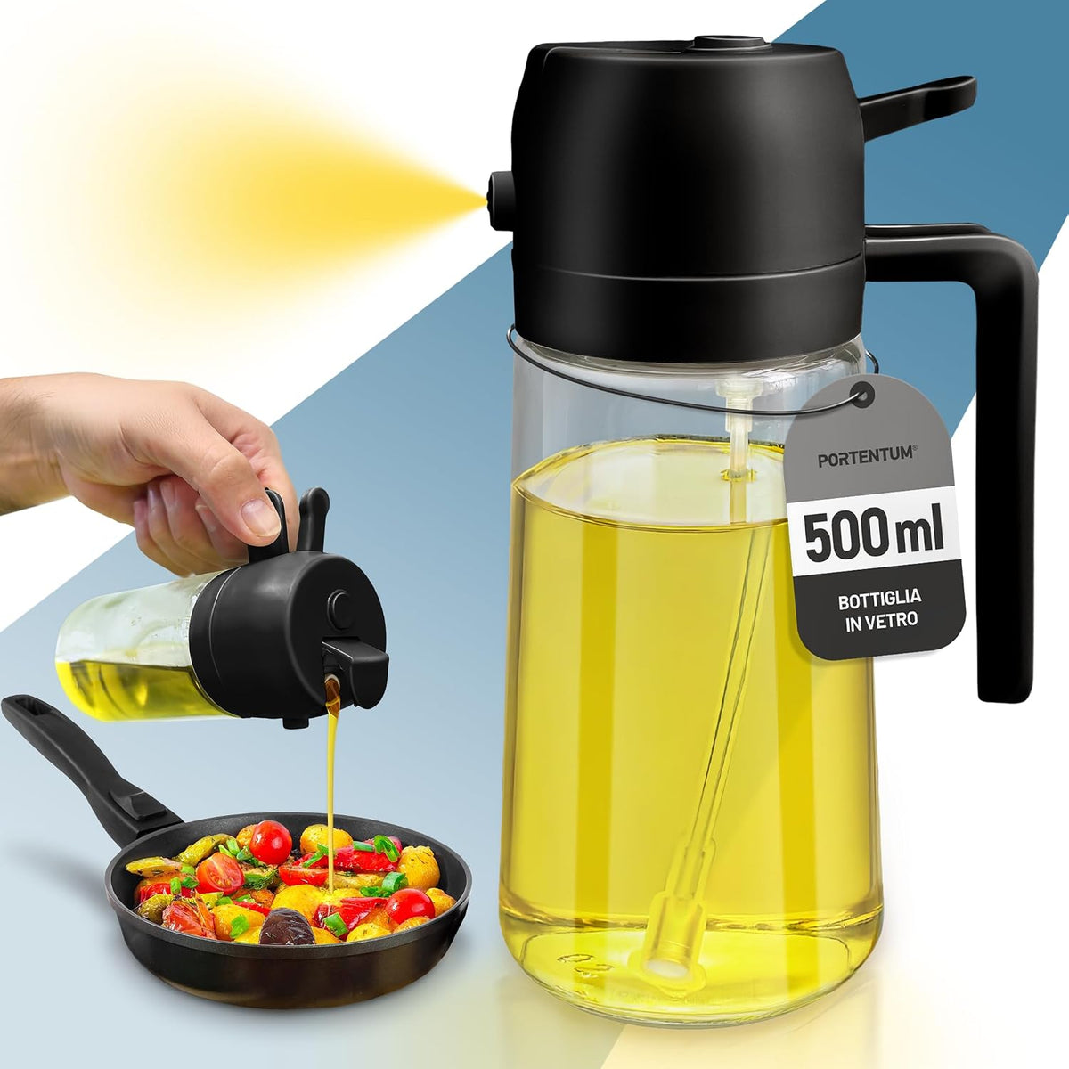 PORTENTUM Spruzzino Olio per Friggitrice Aria 500ml 2 in 1, Dosatore Bottiglia e Oliera Spruzzino olio, Accessori friggitrice ad aria nebulizzatore per Alimenti e Spruzzatore (Nero)
