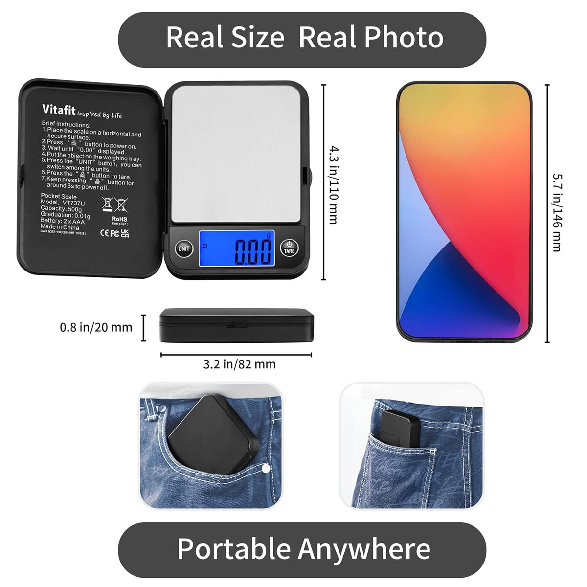 Vitafit 500g Bilancia di Precisione 0.01g, Bilancia Tascabile LCD Blu, Nera