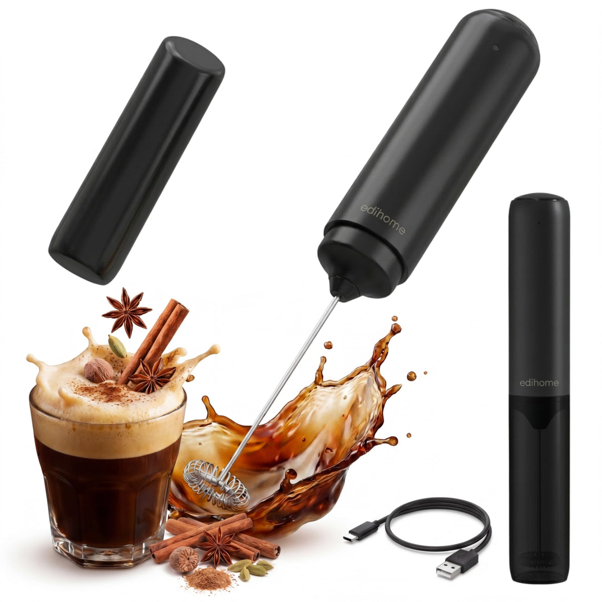 edihome, Montalatte Elettrico per Cappuccino, Frullino Montalatte Portatile, Schiuma Latte Elettrico per Latte e Caffè, Milk Frother Ricaricabile o a Batterie, Veloce e Silenzioso (Batterie, Nero)