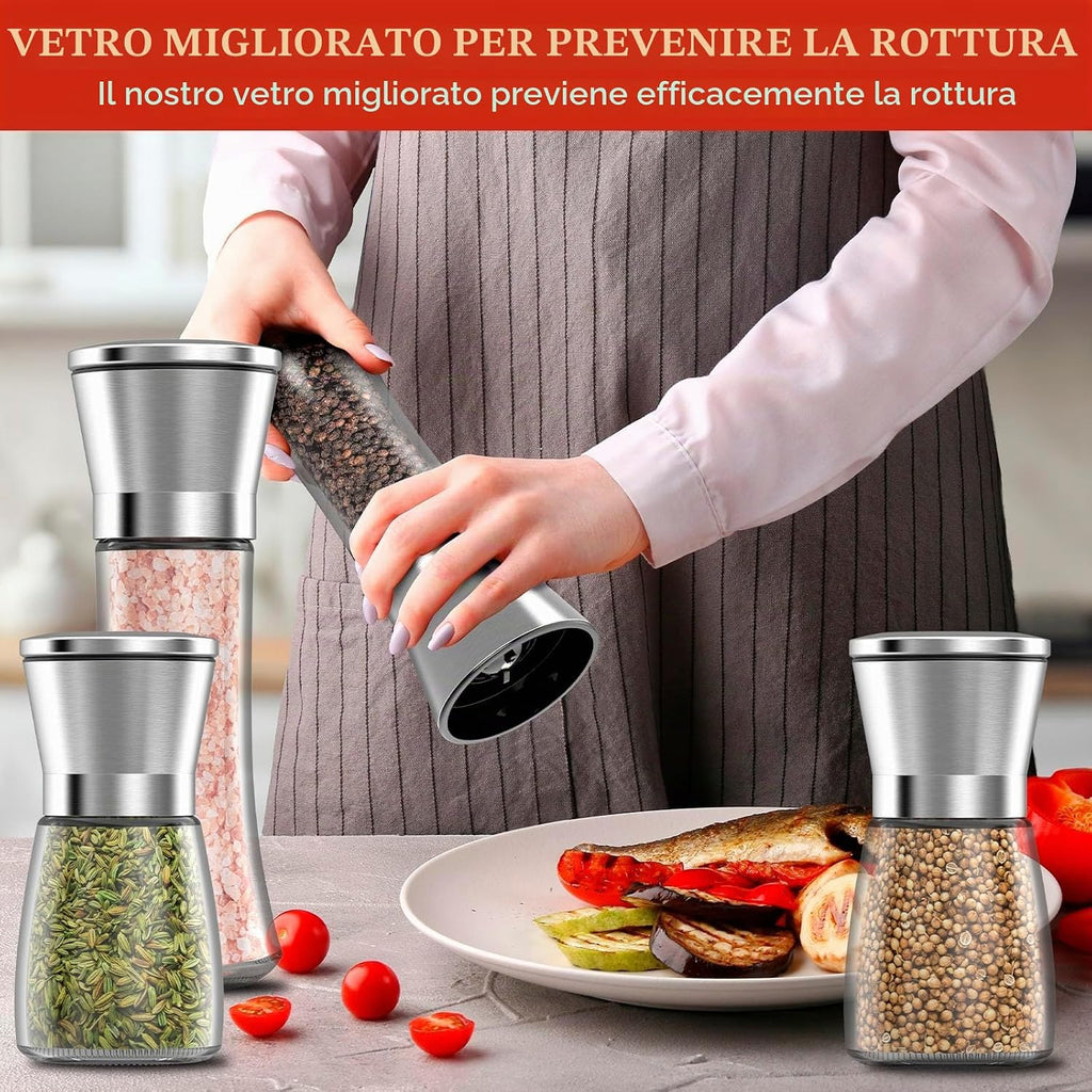 DEPAR Set of 4 Salt and Pepper Mills - High Quality Stainless Steel - High Quality Glass Container - Adjustable Ceramic Salt Grinding Mechanism