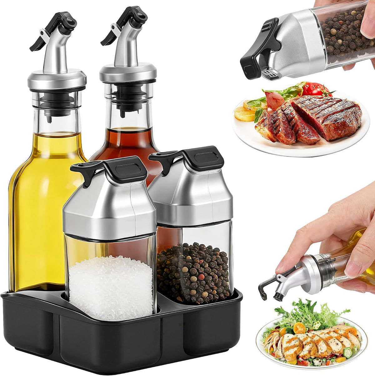 5 Piece Set of Oil Vinegar Salt Pepper, Glass Without Lead