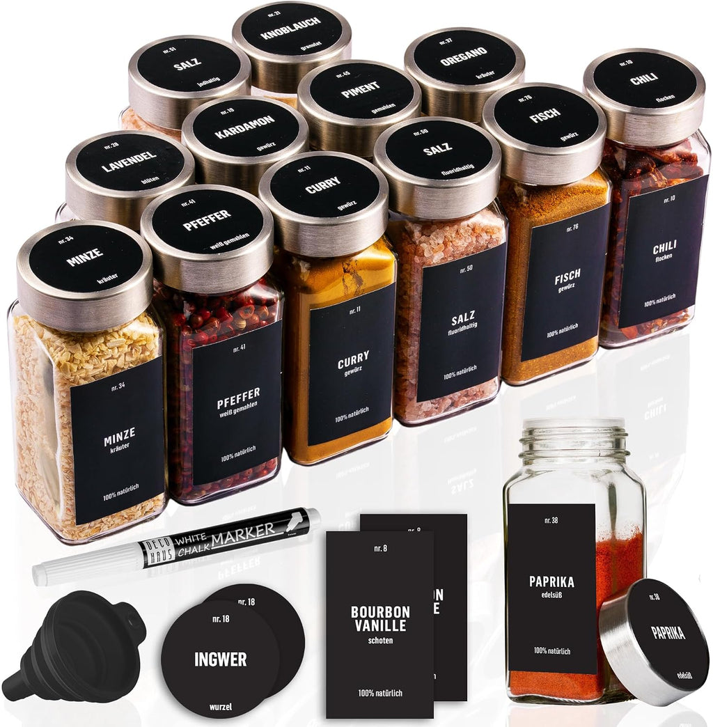 Deco haus Set of 12 Spice Jars for Kitchen with Screw Cap