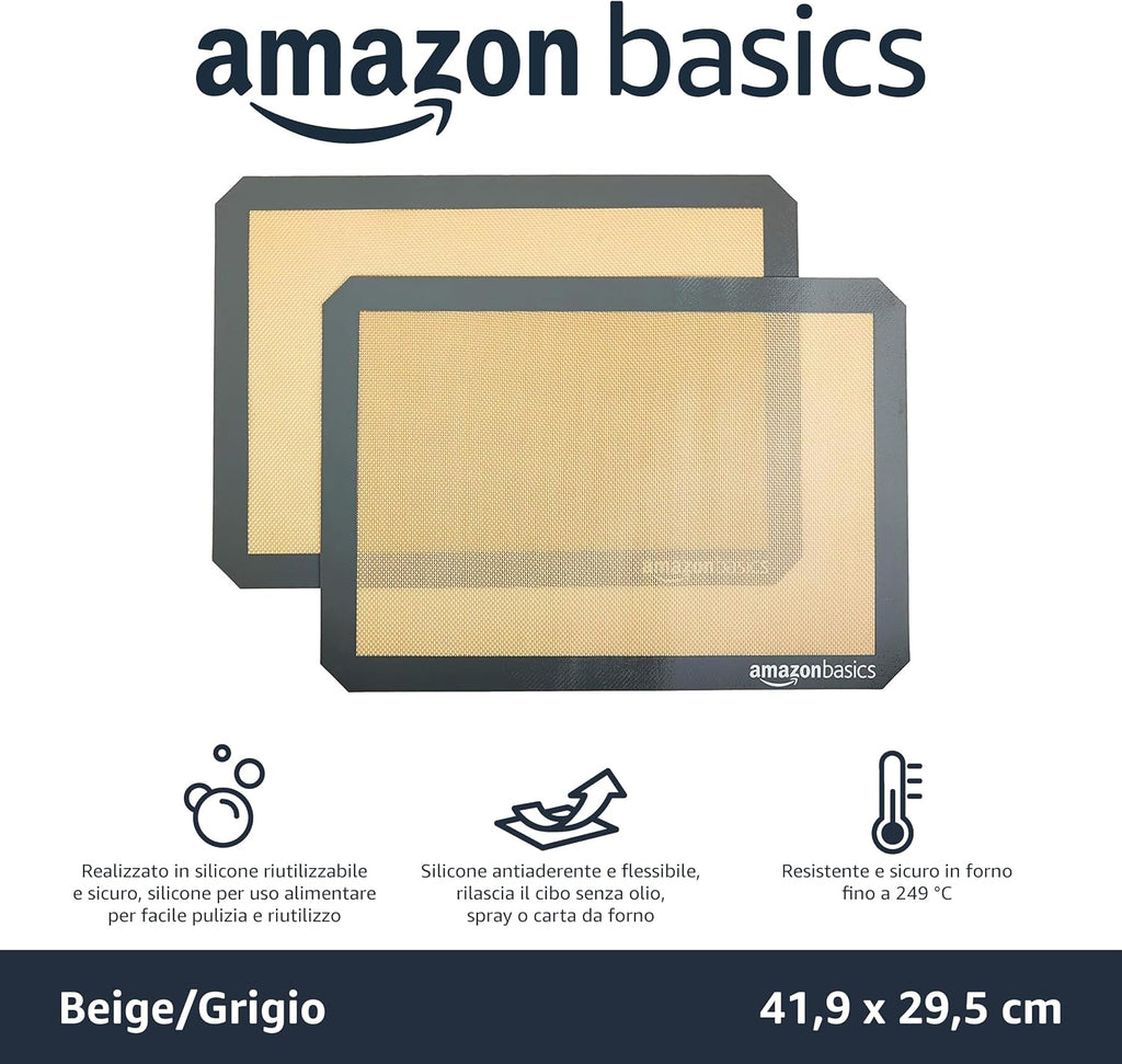 Amazon Basics Rettangolare Tappetini da forno in silicone, confezione da 2, Beige/Grigio, 29.5cm x 42.0cm