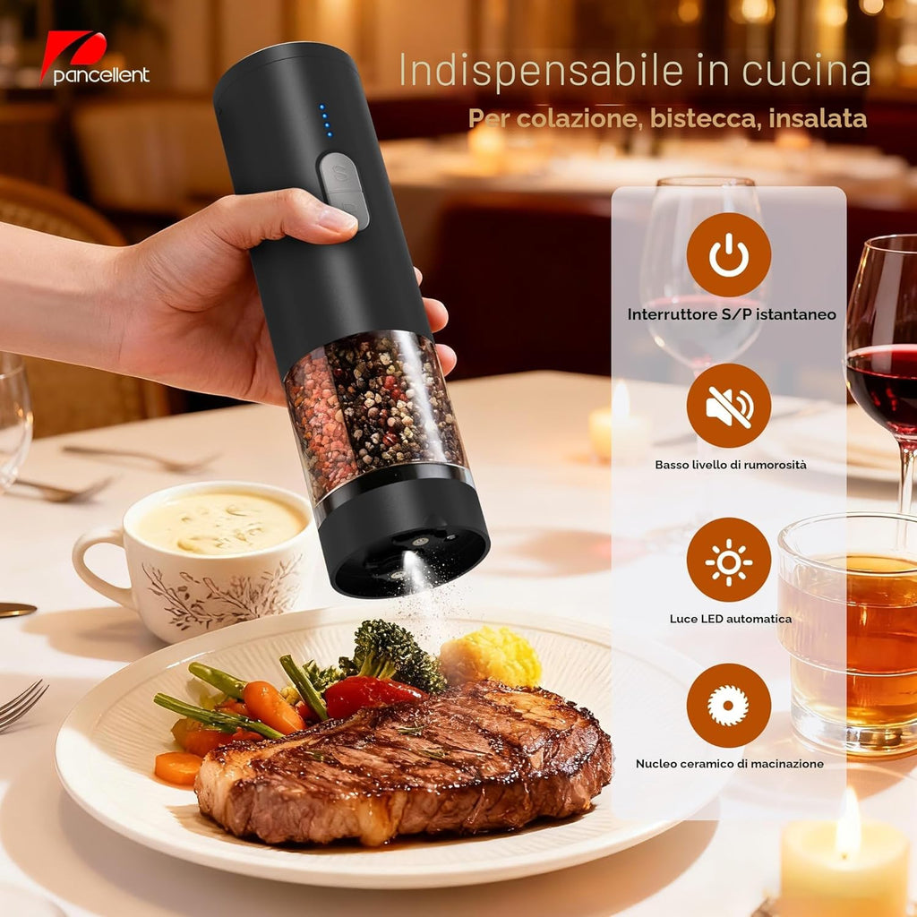 2 in 1 Electric Salt and Pepper Grinder Set (USB Rechargeable) Automatic Salt and Pepper Mill with LED Lighting One Hand Operated Adjustable Grit Perfect for Kitchen