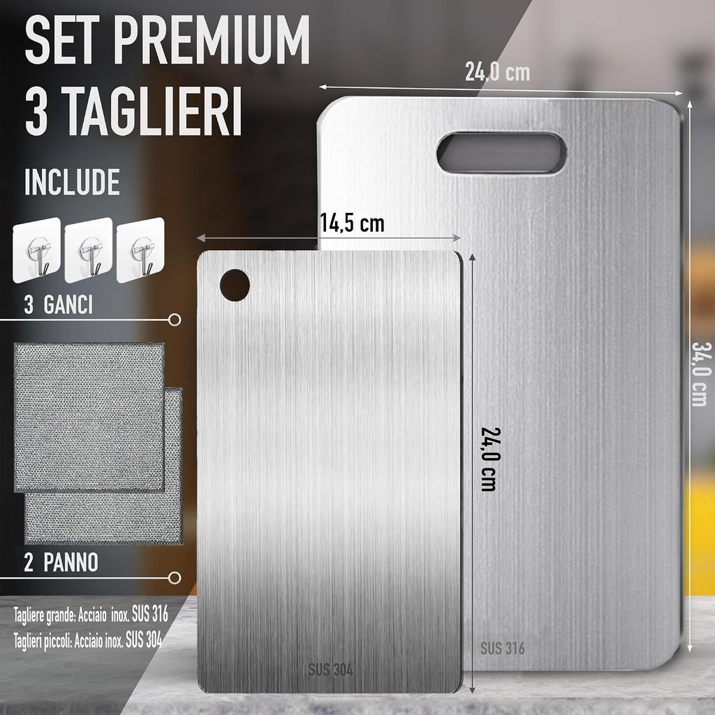 Set di 3 - Tagliere Acciaio Inox Reversibile in Lega Titanio – Set da Cucina Professionale SUS316/SUS 304 + Ganci e Panni – Tagliere in Acciaio Inox Alimentare - Antibatterico e Resistente | 3‑Stars