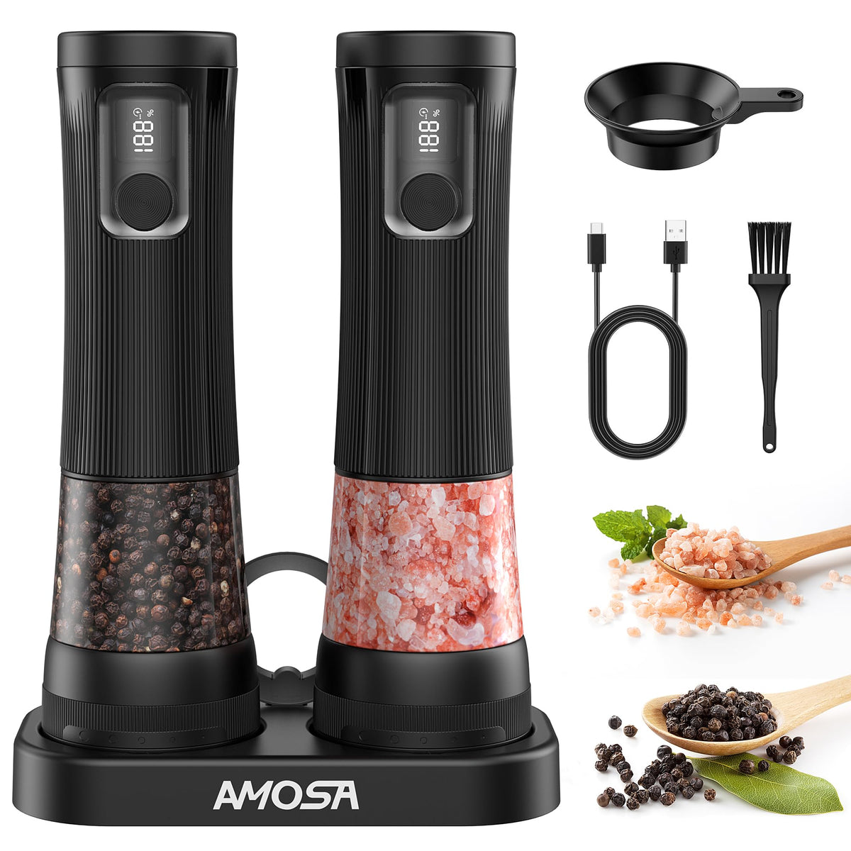 AMOSA Electric Salt and Pepper Mill Set, Battery Display, Rechargeable Base