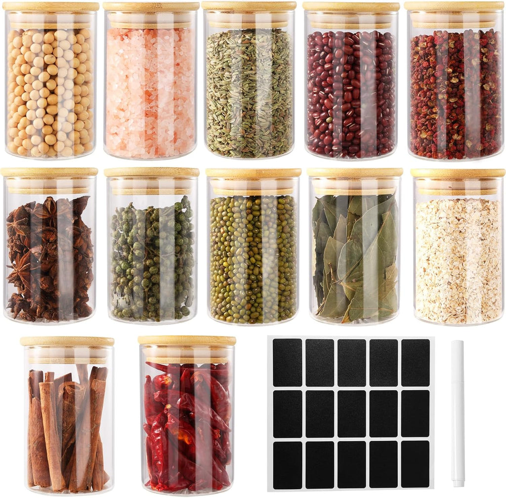 FoiiLiio Set of 12 Spice Jars – 250 ml Spice Jars with Bamboo Lid, Spice Containers for Kitchen, Transparent Spice Jars with Labels – Dishwasher Safe