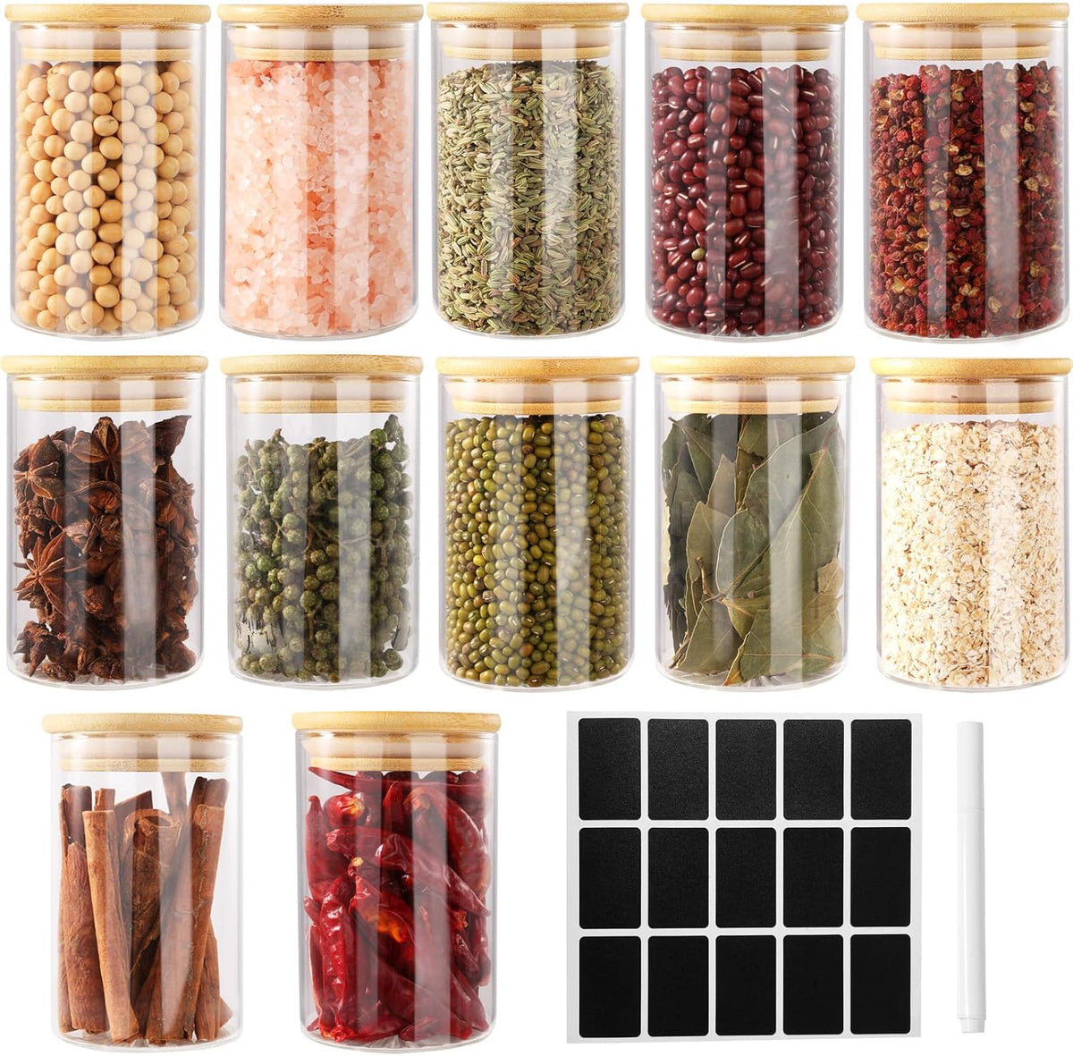 FoiiLiio Set of 12 Spice Jars – 250 ml Spice Jars with Bamboo Lid, Spice Containers for Kitchen, Transparent Spice Jars with Labels – Dishwasher Safe