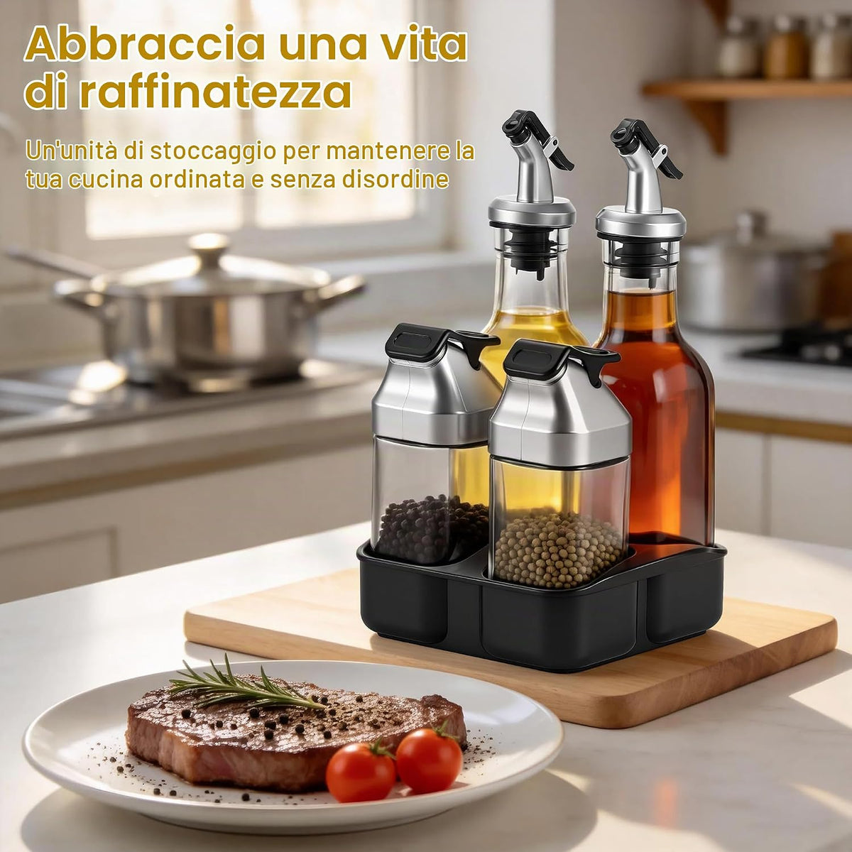 5 Piece Set of Oil Vinegar Salt Pepper, Glass Without Lead