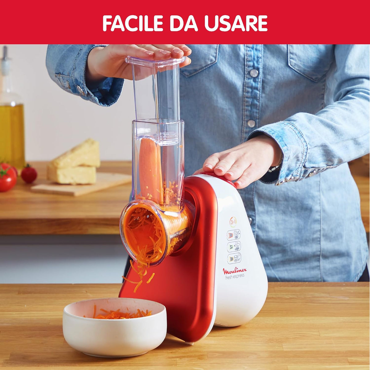 Moulinex DJ755G10 Fresh Express Plus Electric Grater Slicer, 5 Cutting Functions, 150 W, 1 L, 1 Decibel, Plastic, Red