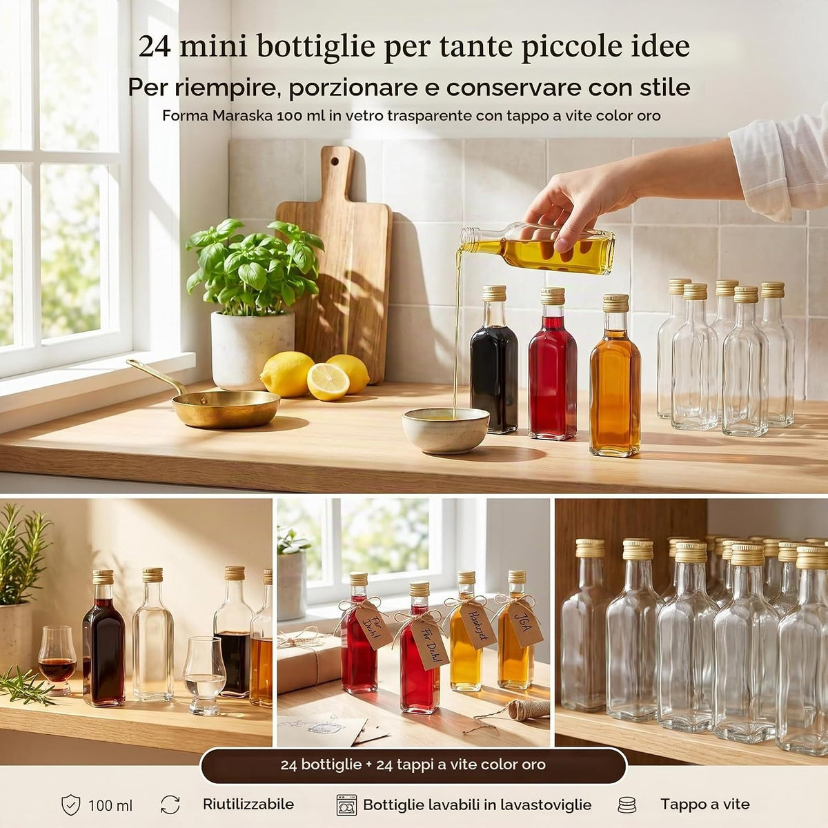 gouveo Set of 24 Square Maraska Glass Bottles (0.10L) with Gold Screw Cap PP 24 for Liqueur Syrup Oil Vinegar Portion and Tasting Bottles (MFET100G)