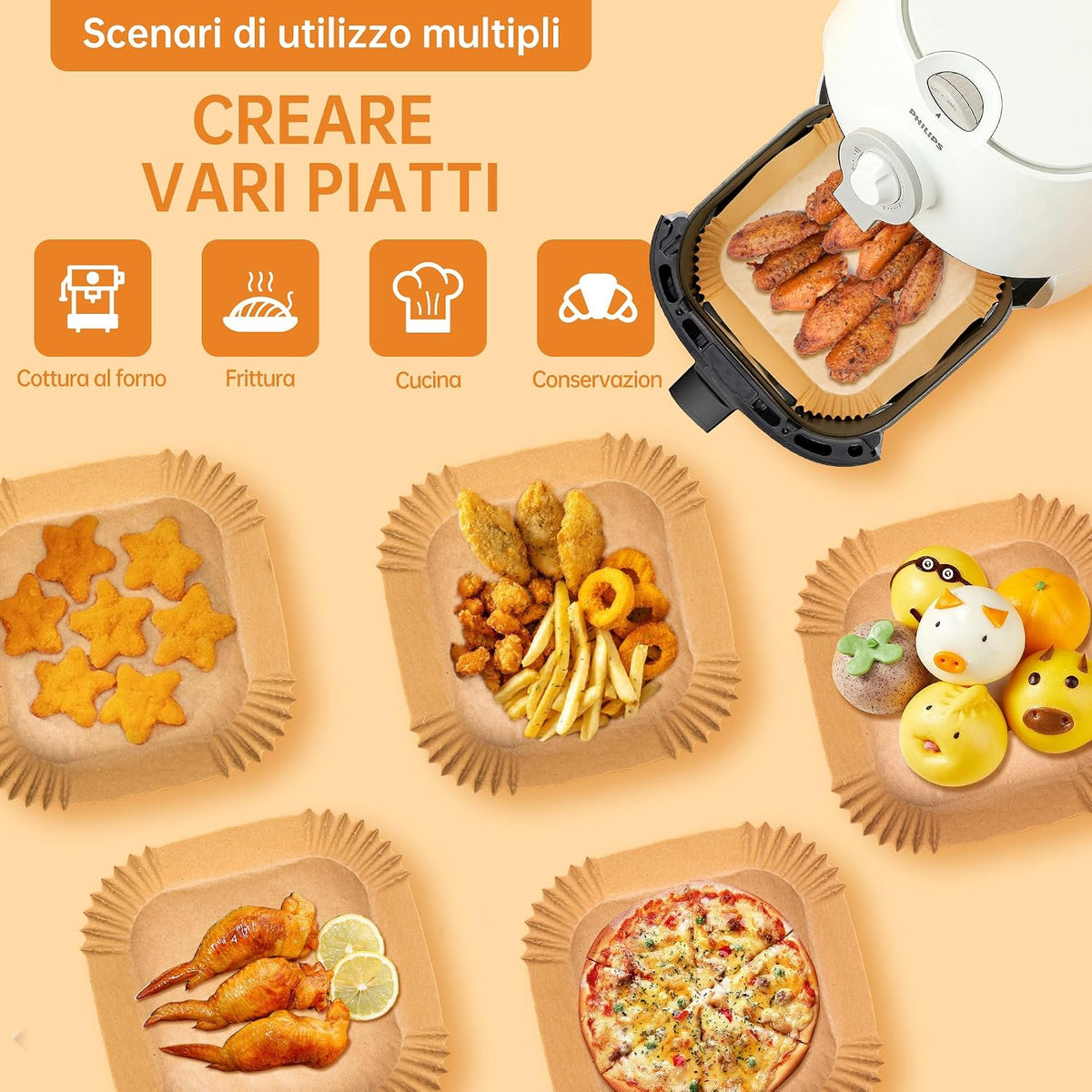 Carta forno per friggitrice ad aria, 100 pezzi contenitori usa e getta in carta per teglia friggitrice ad aria, accessori friggitrice ad aria per Microonde, 16cm x 4.5cm