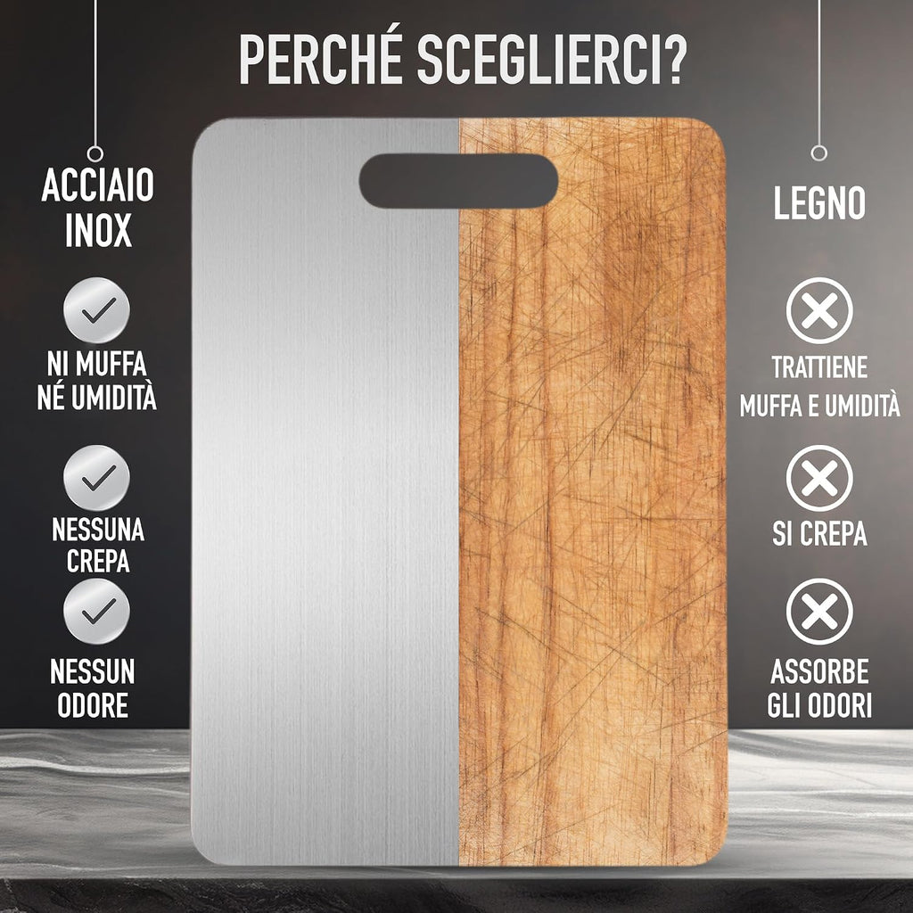 Set di 3 - Tagliere Acciaio Inox Reversibile in Lega Titanio – Set da Cucina Professionale SUS316/SUS 304 + Ganci e Panni – Tagliere in Acciaio Inox Alimentare - Antibatterico e Resistente | 3‑Stars