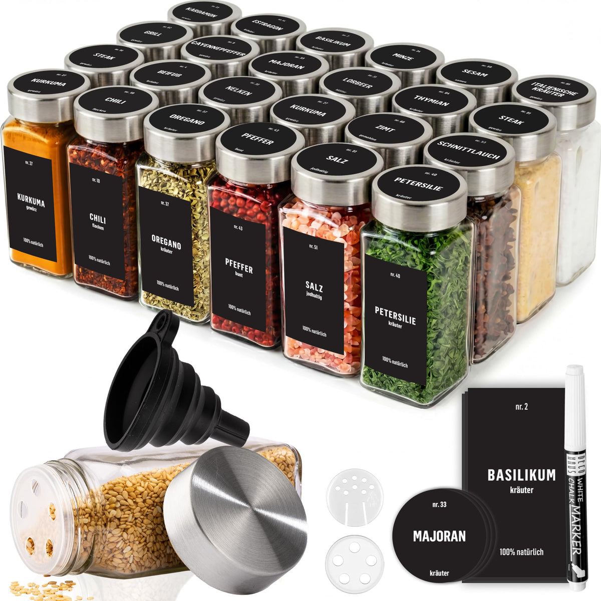 Deco haus Set of 12 Spice Jars for Kitchen with Screw Cap