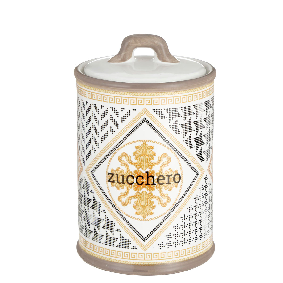 Baroni Home Ceramic Salt Jar Decorated with Airtight Lid, Colourful Durable Kitchen Accessory, Domus Line, 11 x 11 x 17 cm
